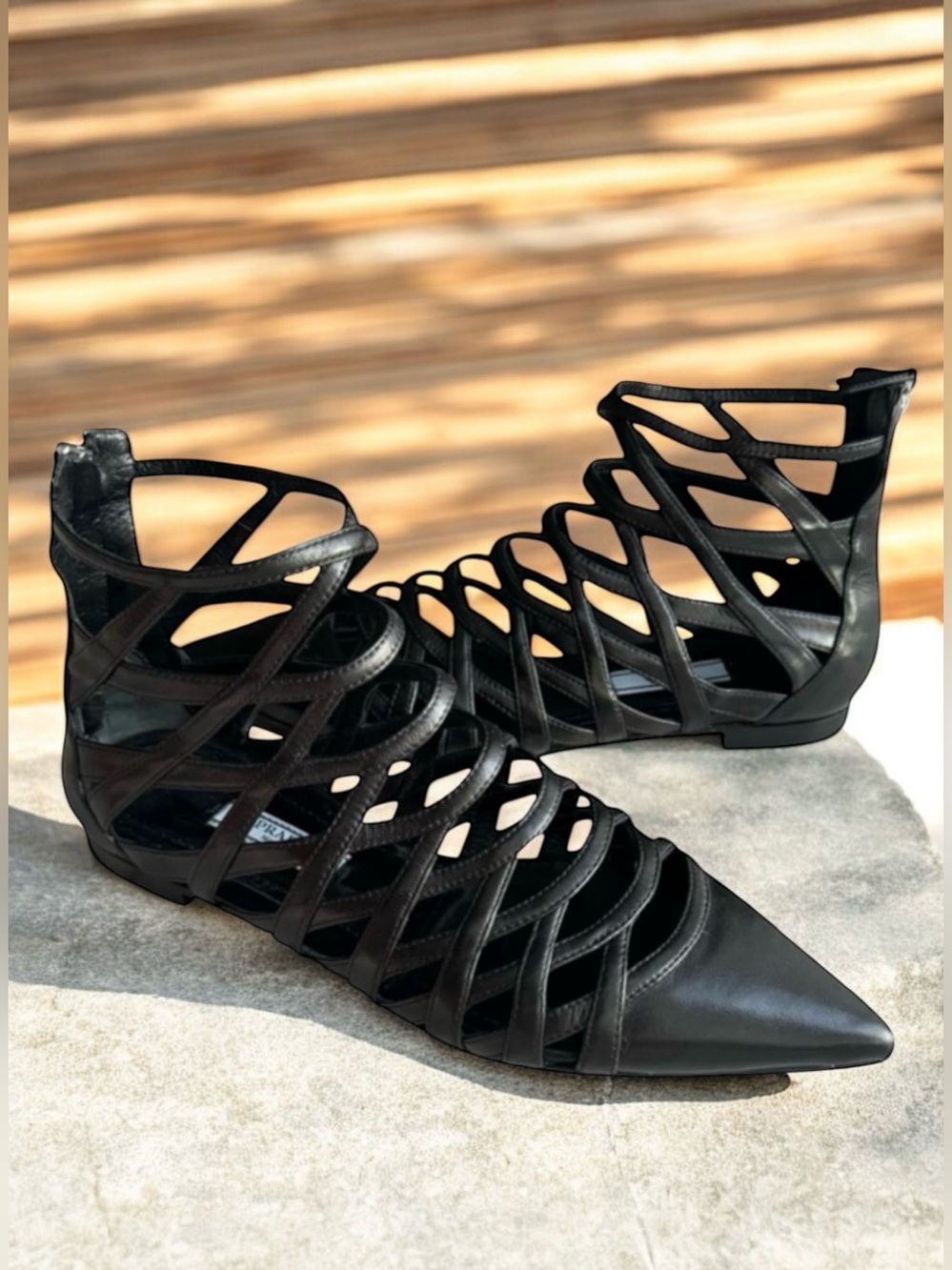 Prada Black Strappy Flats Cut Out Booties